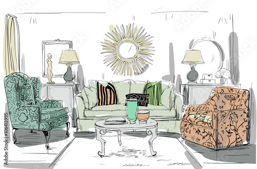 home interior with sofa and coffee table