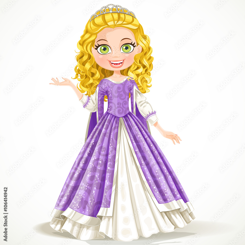 Beautiful young princess in purple dress isolated on white backg Beautiful young princess in purple dress isolated on white backg
