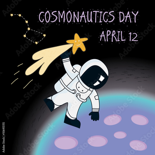 astronaut hold the tail of the comet and flies around the planet