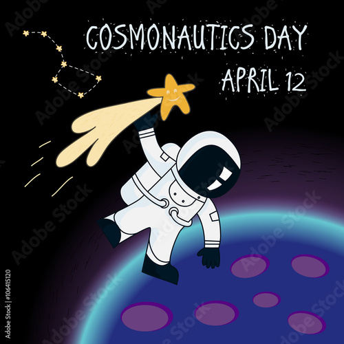 astronaut hold the tail of the comet and flies around the planet