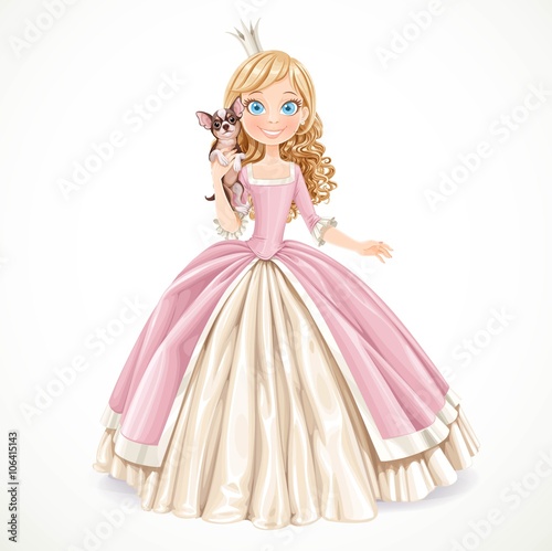 Lovely young princess with dog chihuahua in the hands isolated o
