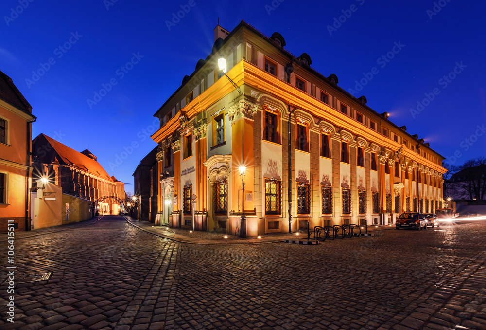 Vintage architecture of Wroclaw in the evening.