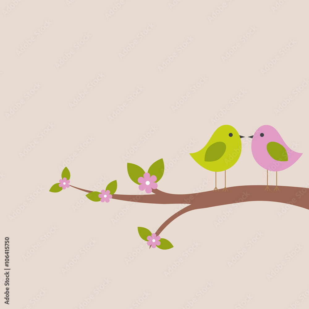 Vector frame card for the spring theme. Love birds sitting on a tree branch with flowers. Vector frame card for the spring theme. Love birds sitting on a tree branch with flowers.