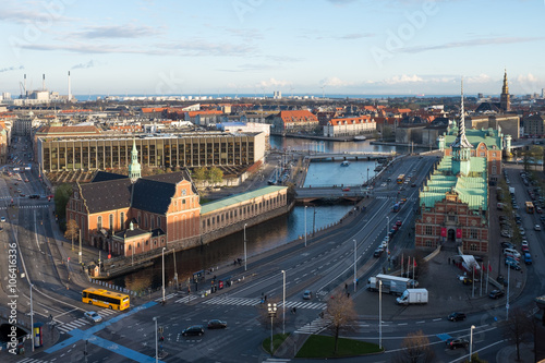 Canvas Print Copenhagen view from Parlament with national bank, Holmen church and the old sto