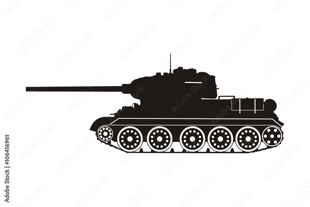 black tank T-34 on the white background black tank T-34 on the white background