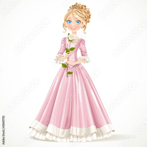 Beautiful young princess in a pink dress holding a white rose is