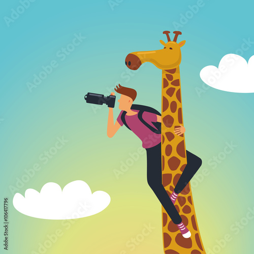 Safari. Photographer with a giraffe