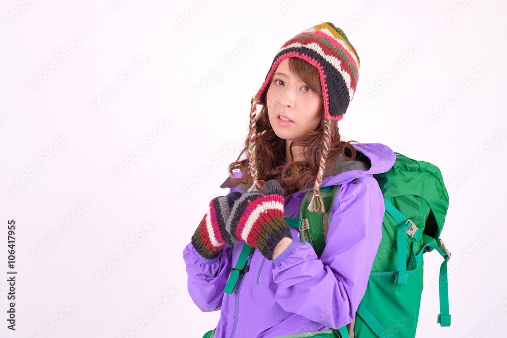 山ガール　日本人女性　白バック