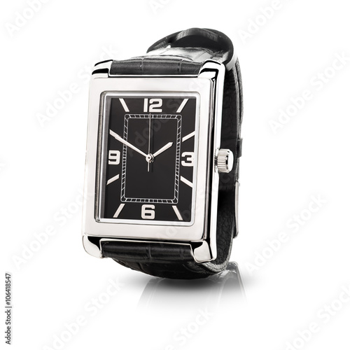 Watches . Silver watch with a black leather strap on a white background isolated