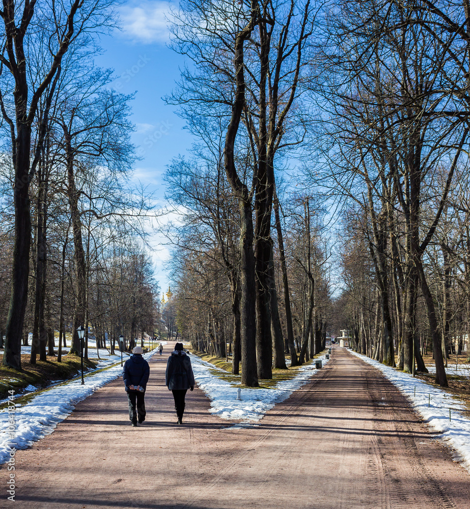 Two are walking in the park.