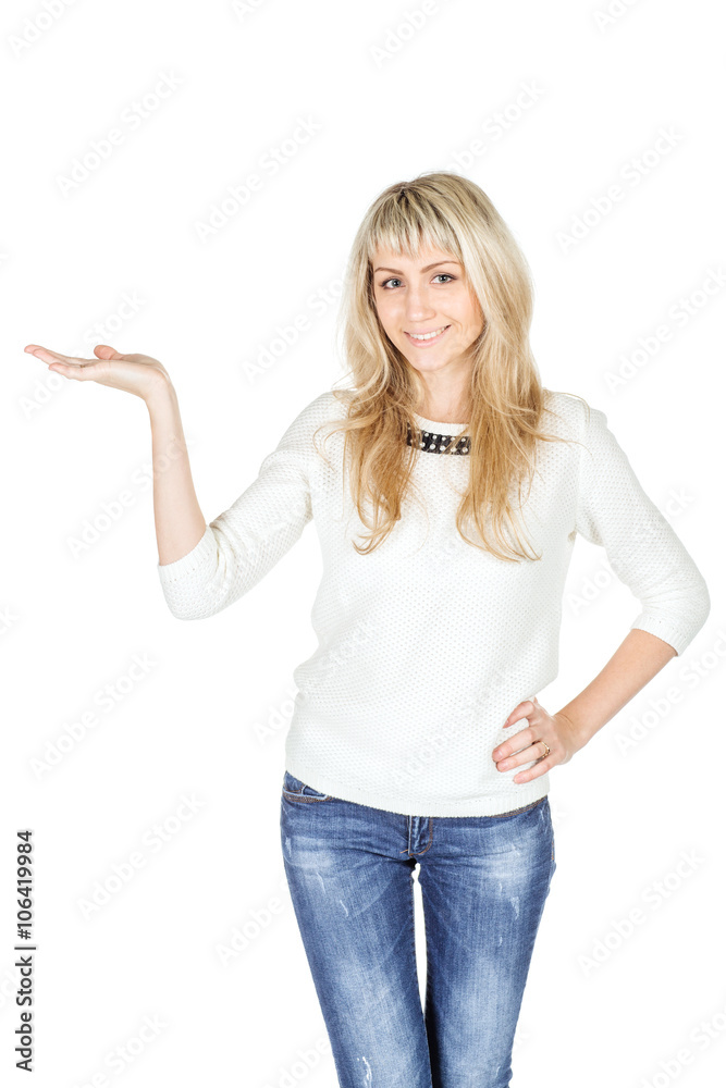 Portrait of young woman showing open hand palm with copy space for product or text. human emotion expression and lifestyle concept. image on a white studio background. Portrait of young woman showing open hand palm with copy space for product or text. human emotion expression and lifestyle concept. image on a white studio background.