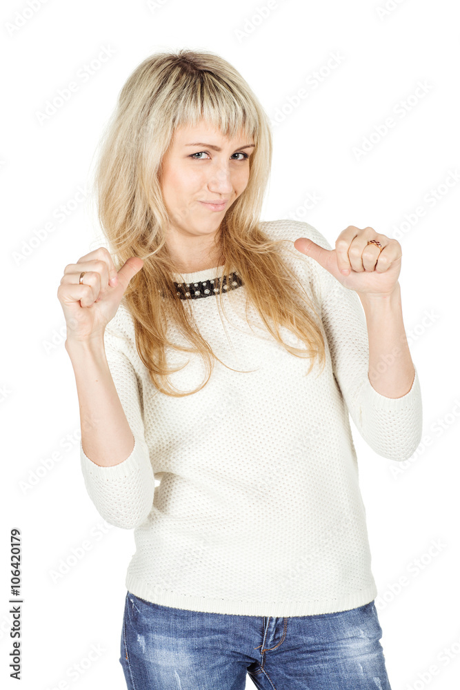 Portrait of woman showing a finger at himself. image on a white studio background. human emotion expression and lifestyle concept Portrait of woman showing a finger at himself. image on a white studio background. human emotion expression and lifestyle concept