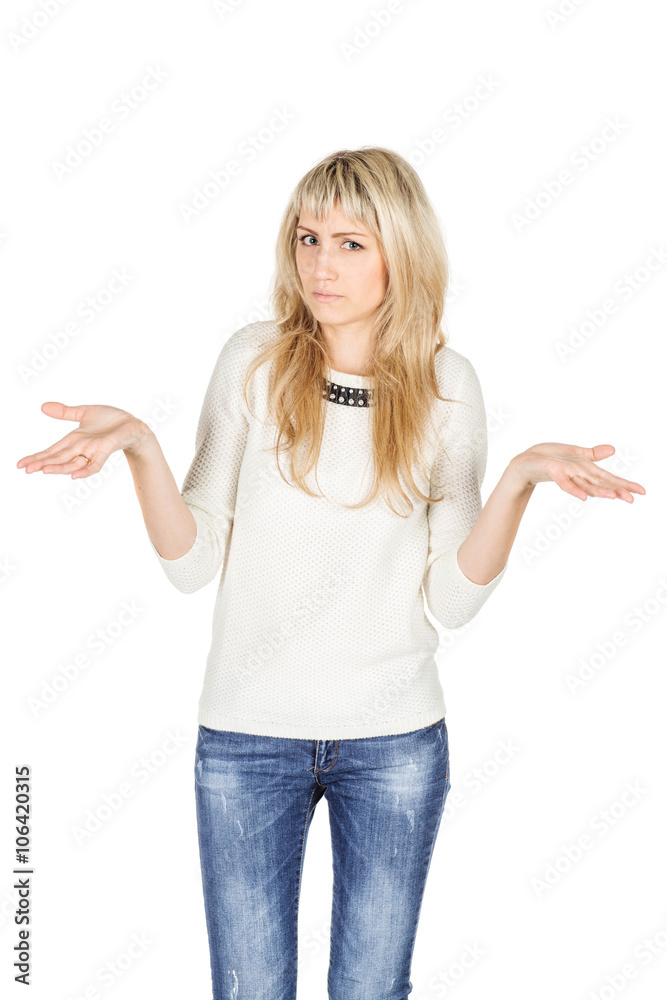 Portrait of young woman with surprised expression. human emotion expression and lifestyle concept. image on a white studio background.