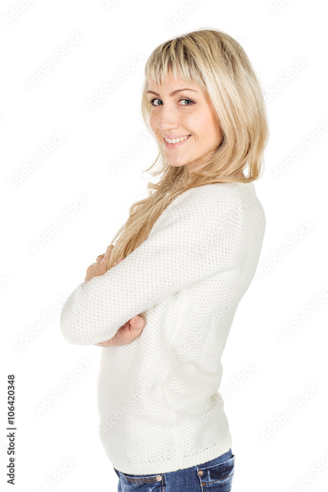 Portrait of happy smiling woman with folded hands. image on a white studio background. Portrait of happy smiling woman with folded hands. image on a white studio background.