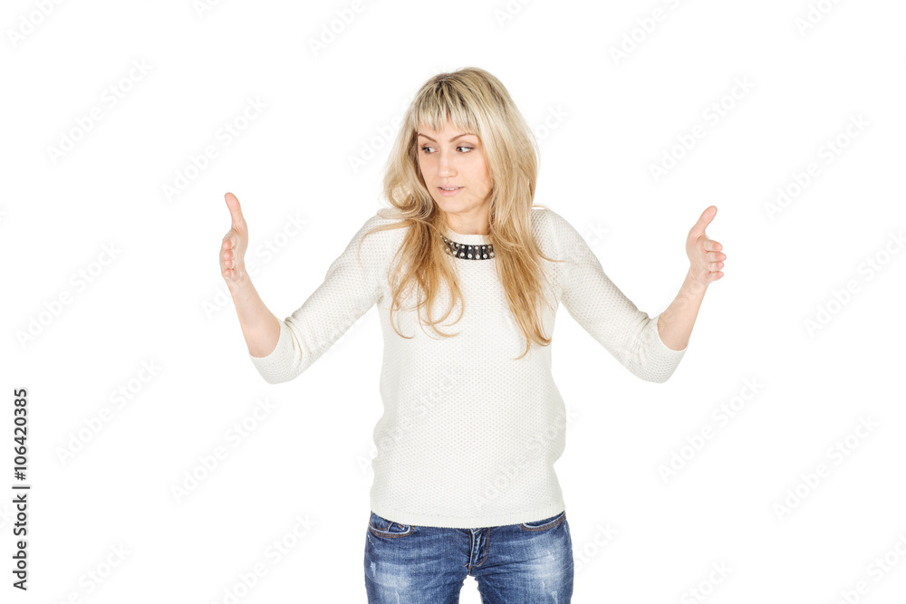 young woman making his hands the size. emotions, facial expressions, feelings, body language, signs. image on a white studio background. lifestyle concept young woman making his hands the size. emotions, facial expressions, feelings, body language, signs. image on a white studio background. lifestyle concept