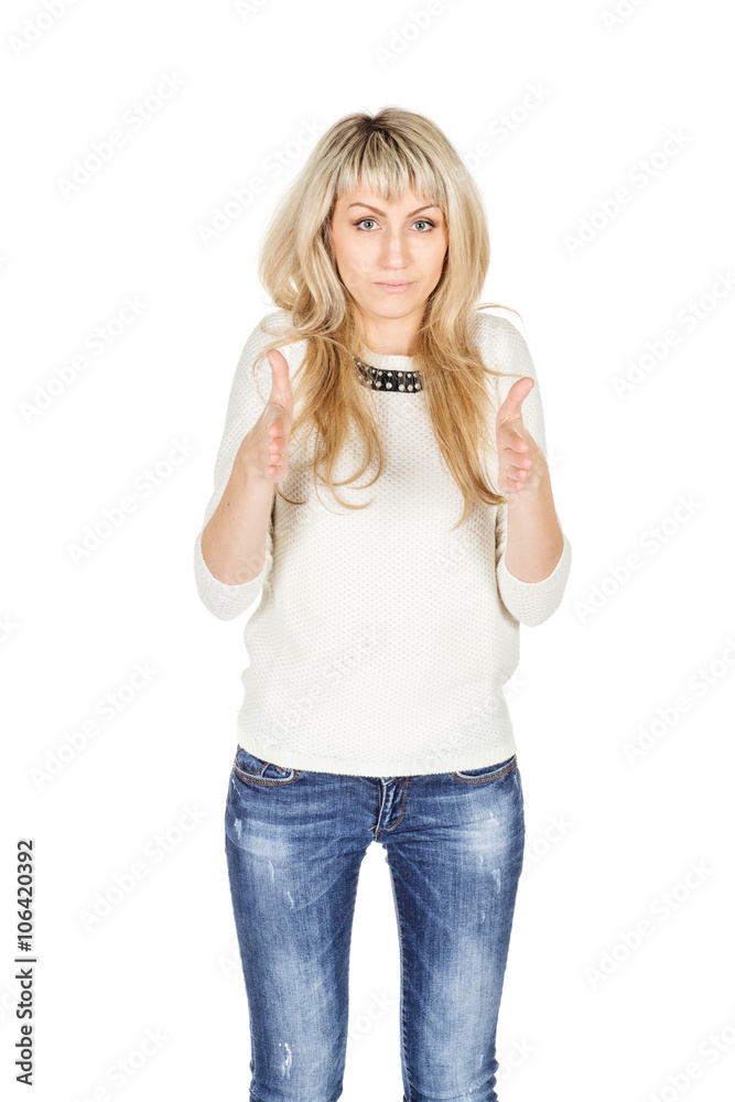 young woman making his hands the size. emotions, facial expressions, feelings, body language, signs. image on a white studio background. lifestyle concept young woman making his hands the size. emotions, facial expressions, feelings, body language, signs. image on a white studio background. lifestyle concept