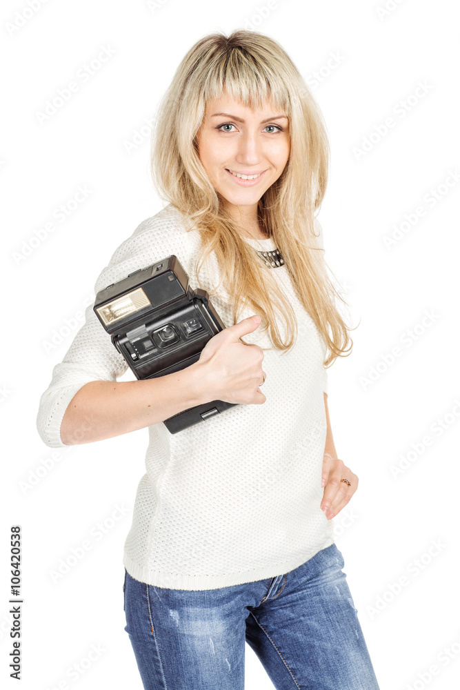 portrait of young woman with retro camera. isolated on white background. vintage and lifestyle concept portrait of young woman with retro camera. isolated on white background. vintage and lifestyle concept