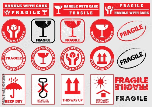 fragile signs for packaging (handle with care, this side up, keep dry, fragile, do not use hand hooks, keep away from heat) flat vector illustration