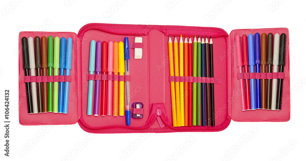 A set of colored pencils and felt-tip pens with pen and eraser in a pencil case A set of colored pencils and felt-tip pens with pen and eraser in a pencil case
