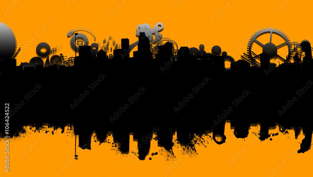 Mechanical city illustration -  Silhouette banner of city - mechanical, construction style