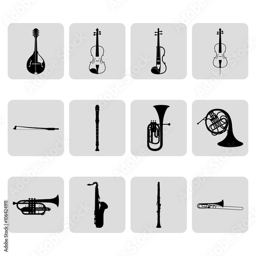 String and wind musical instruments simple icons set