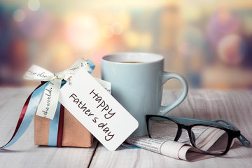 Father's day holiday greeting card.Present box mug.