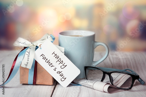 Father's day holiday greeting card.Present box mug.