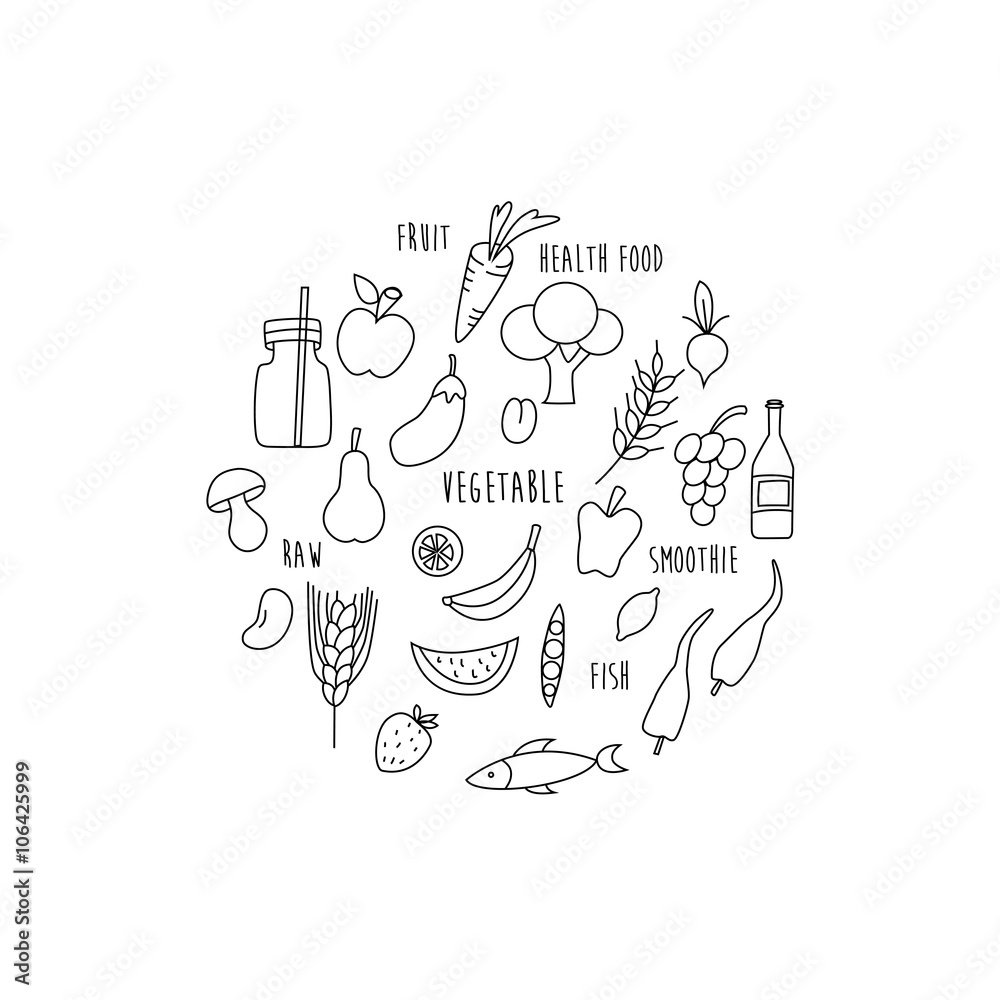 Health food illustration. Fruit, vegetable, fish icons. Health, raw food. Line design. Health food illustration. Fruit, vegetable, fish icons. Health, raw food. Line design.