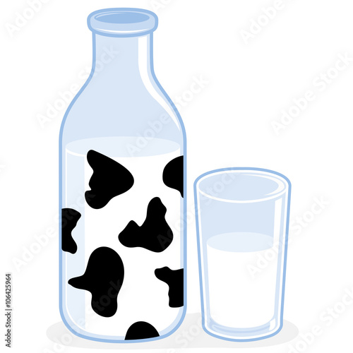 Milk bottle and a glass of milk. Vector illustration