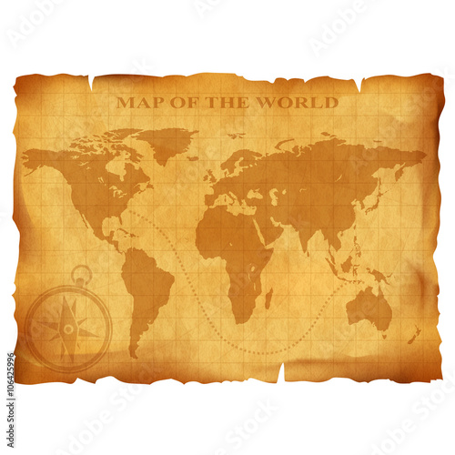 Old vintage world map. Ancient manuscript. Grunge paper texture.
