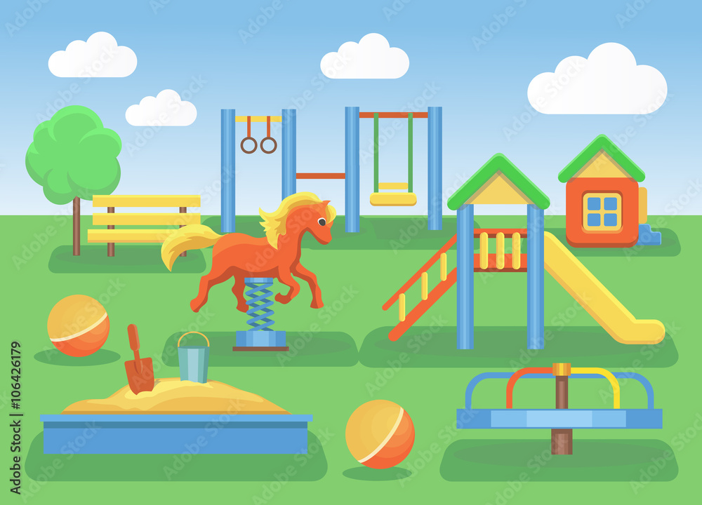 Kids playground flat concept background. Slide outdoor, sand and
