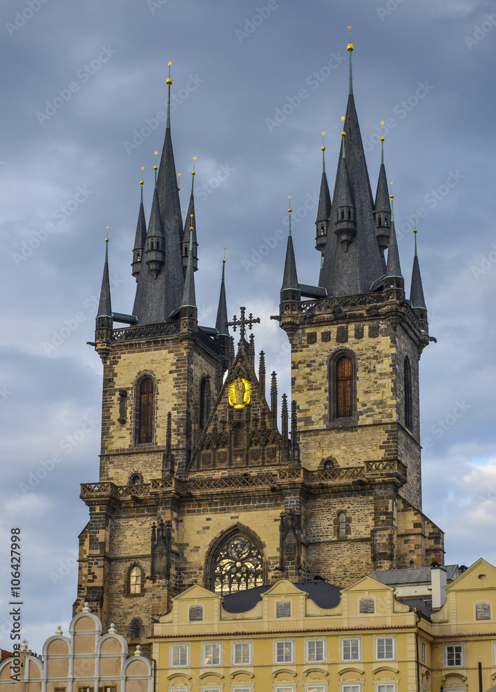 The two towers of Church of Our Lady  in Prague.