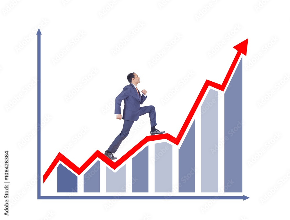 Businessman climbing up on chart Businessman climbing up on chart