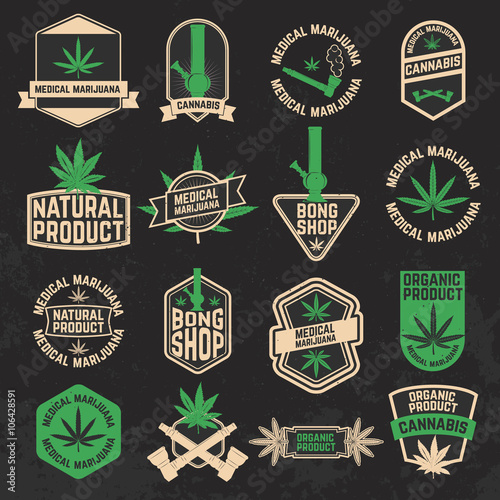 Set of cannabis, marijuana, bong shop labels, badges and design