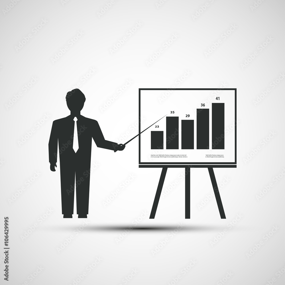 Business simple flat icon. Man shows on a blackboard financial g Business simple flat icon. Man shows on a blackboard financial g