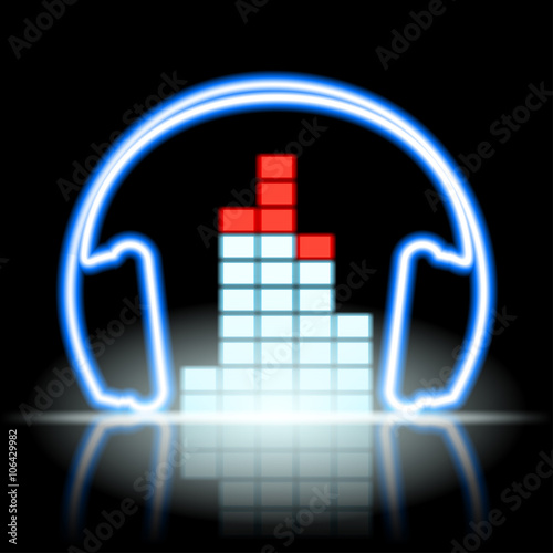 Neon icon musical equalizer and headphones.