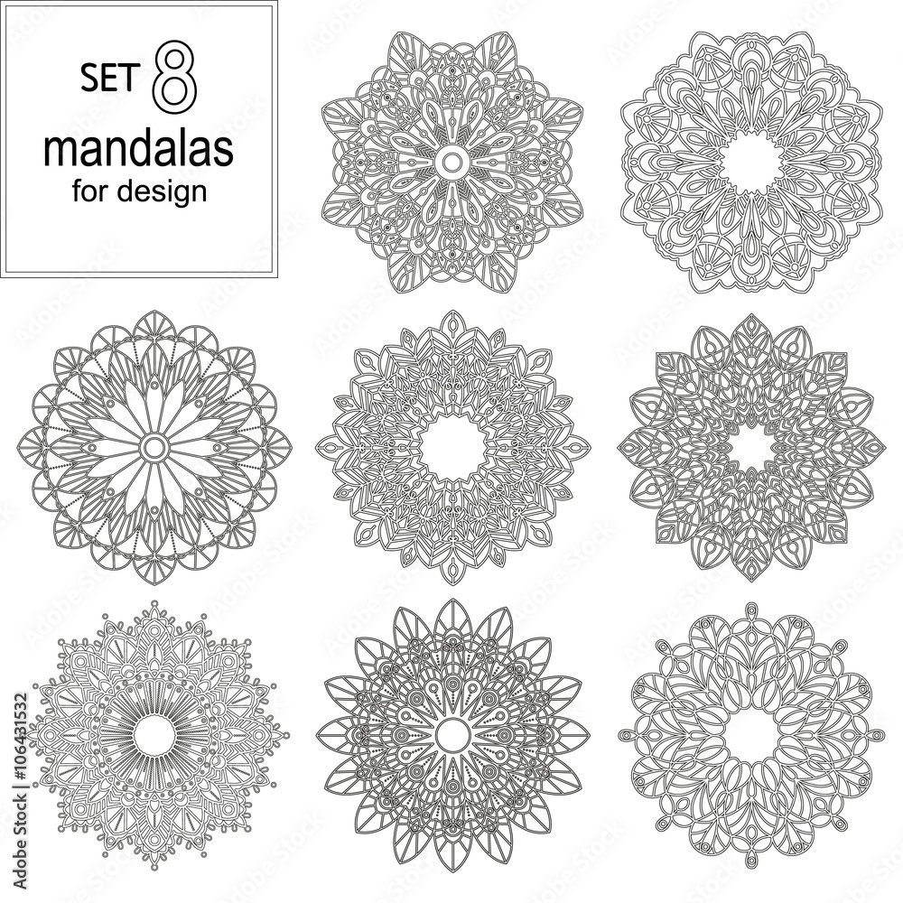 Set of eight mandalas. Geometric circle element made in a vector. It can be used for different type design, birthday and other holiday, color book, T-shirts, medallions, yoga, India, Arabic Set of eight mandalas. Geometric circle element made in a vector. It can be used for different type design, birthday and other holiday, color book, T-shirts, medallions, yoga, India, Arabic