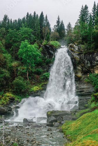 Norway  Hordaland county. Famous Steinsdalsfossen waterfall. Scandinavian nature.