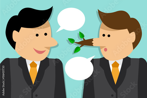 Two businessmen talking. One man grows a long nose like Pinocchio because he lied