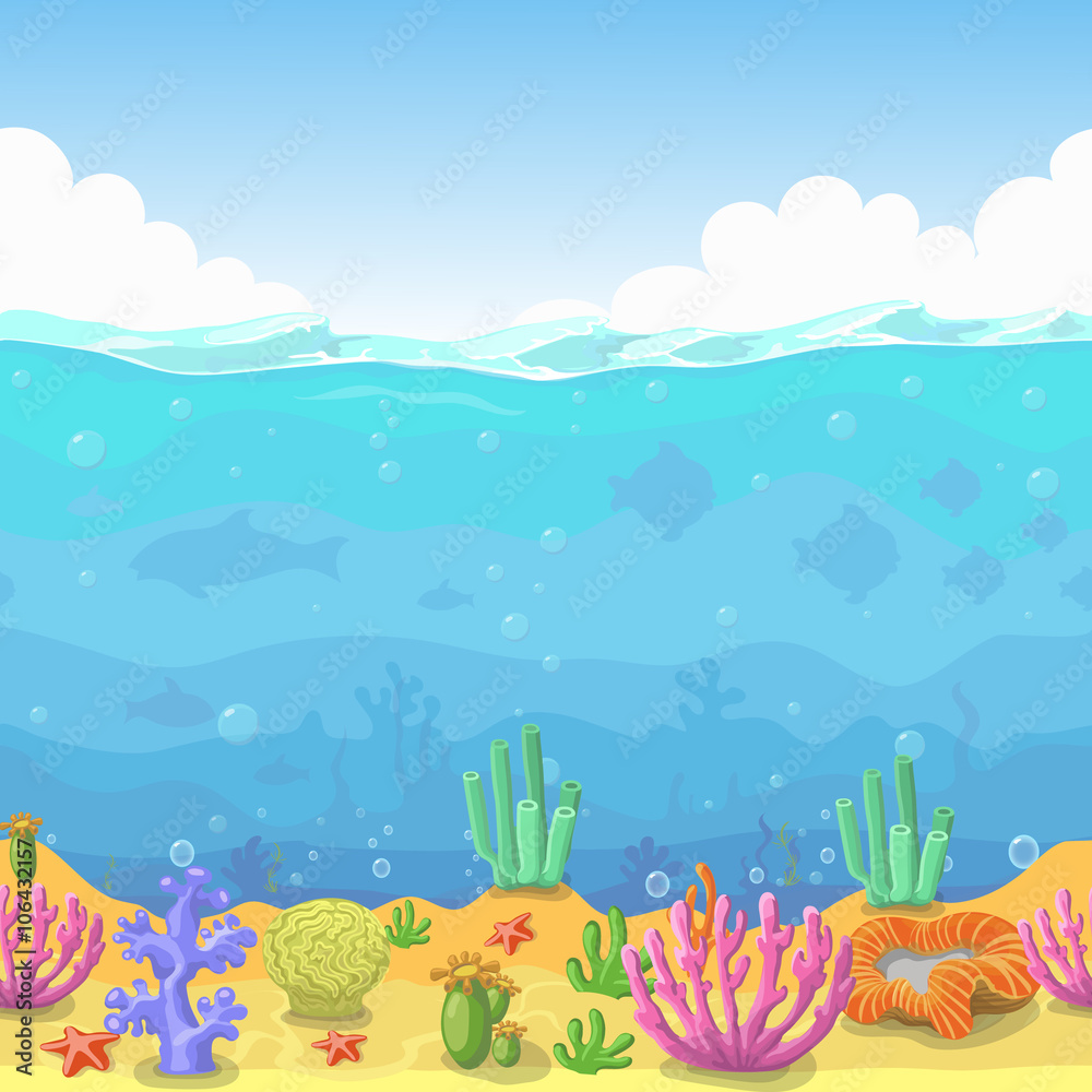 Obraz premium Seamless underwater landscape in cartoon style. fish and coral. Vector illustration