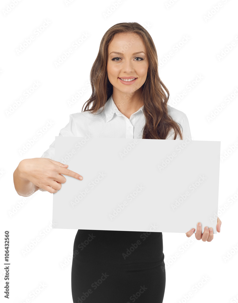 Young woman pointing to a banner