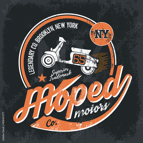 Vintage American moped old grunge effect tee print vector design illustration. 
Premium quality superior retro scooter logo concept. NY shabby t-shirt emblem.