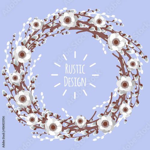 Vector illustration with pussy willow wreath and anemone 