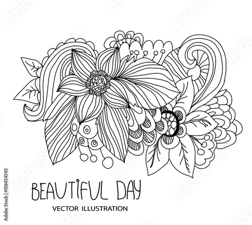 illustrations,artwork, background, beautiful monochromatic floral element the drawn contour and the inscription beautiful day on a white background