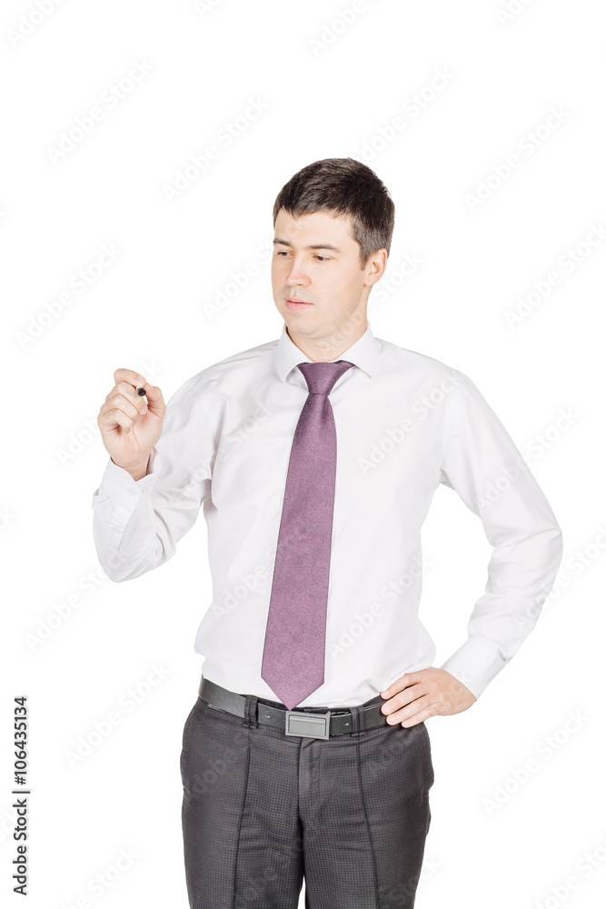 portrait of young business man writing something on glass board portrait of young business man writing something on glass board