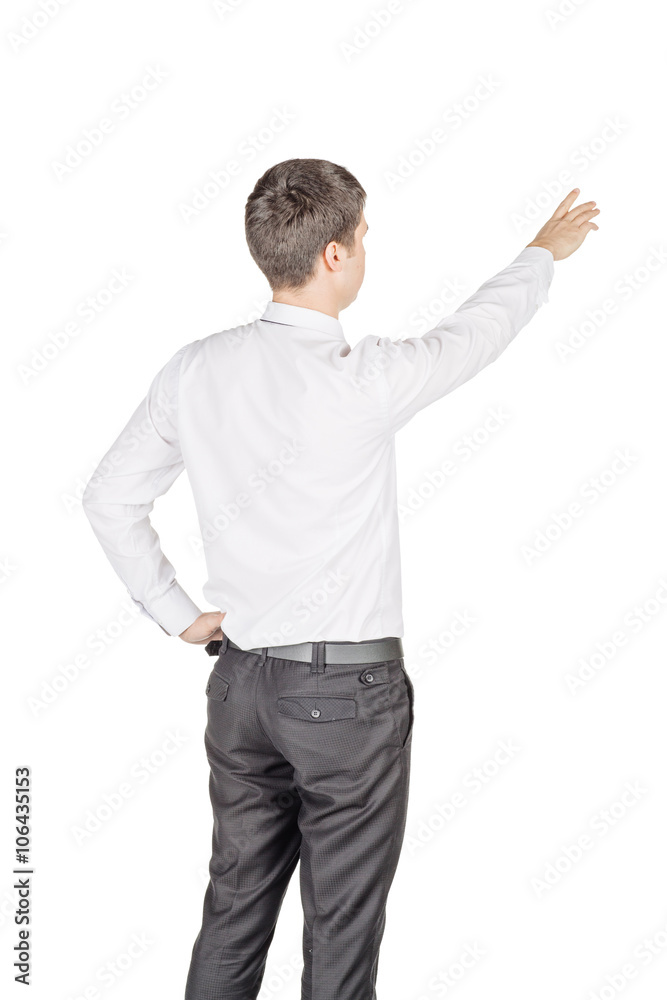 portrait of young business man standing back and pointing at cop
