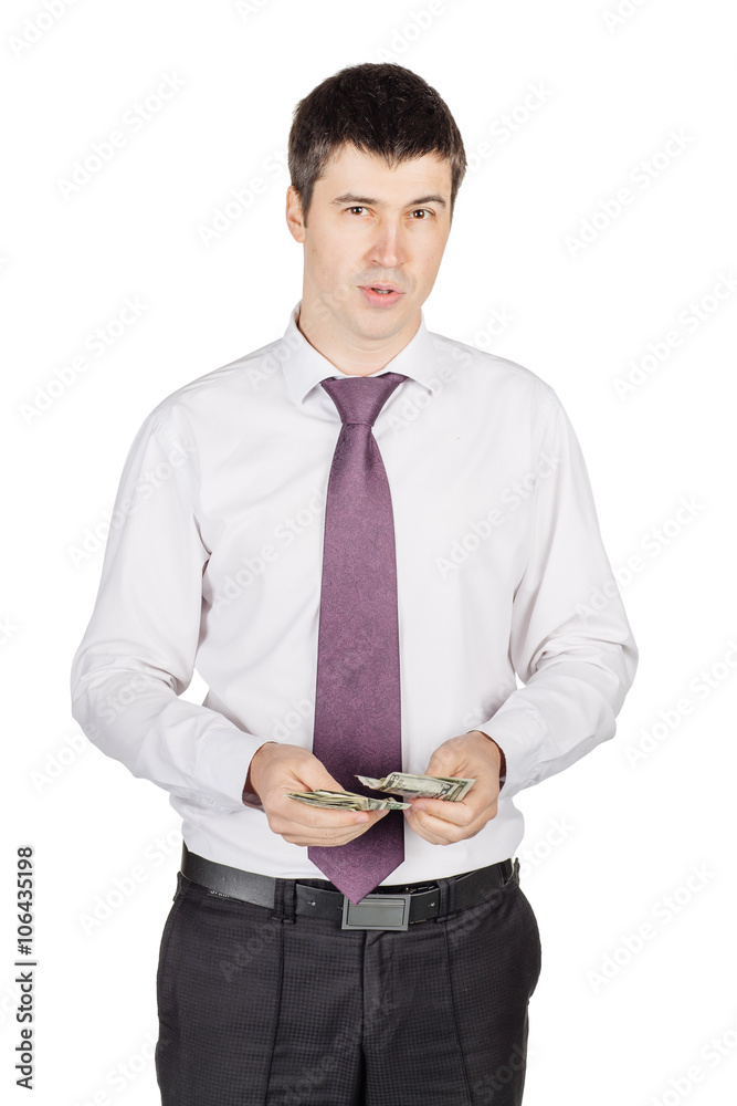 portrait of young business man holding and counting money. isolated on whit background portrait of young business man holding and counting money. isolated on whit background