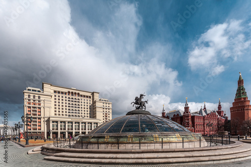 Moscow, Russia - March 20, 2016: View from the Manezhnaya Square on the State Historical Museum and the Kremlin towers.