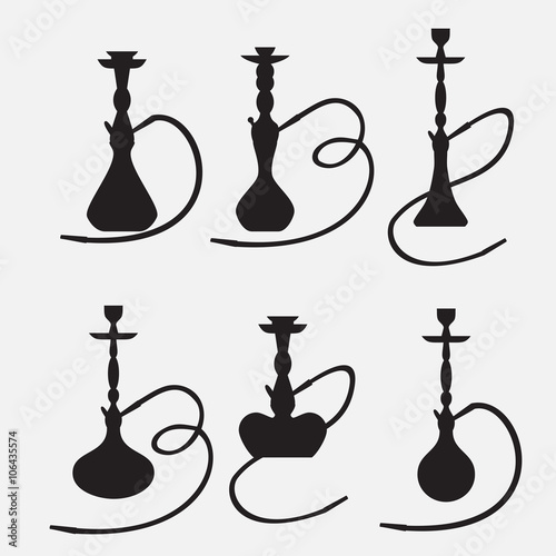 Hookah labels and smoke logo. Set of oriental nargile silhouettes. Isolated  traditional shishe