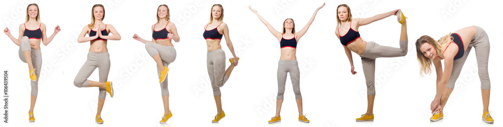 Young female doing exercises on white Young female doing exercises on white